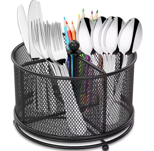 Mesh partitioned rotating cutlery holder.