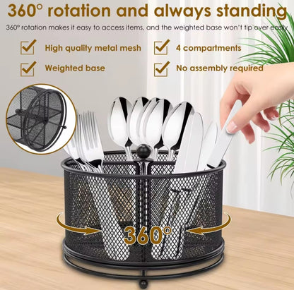 Mesh partitioned rotating cutlery holder.