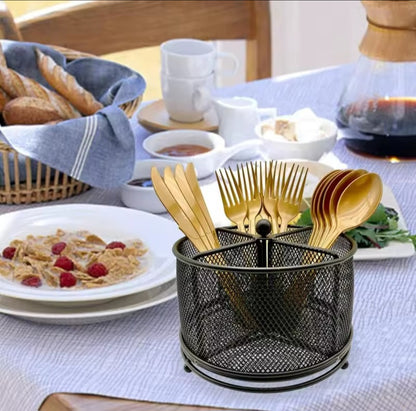 Mesh partitioned rotating cutlery holder.