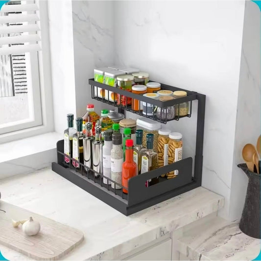 2 tier metallic sliding pull out cabinet organizer rack